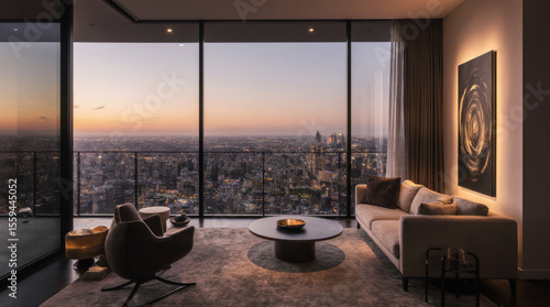 Luxurious modern penthouse with floor-to-ceiling windows, table, sofa, and armchair