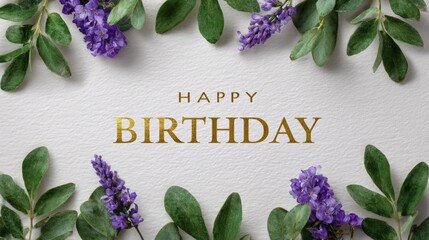 Elegant "Happy Birthday" card with purple flowers and green leaves on textured paper background.