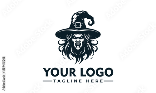 Graphic illustration of a menacing witch with a hat and flowing hair.