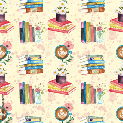 Seamless watercolor surface pattern with a reading theme. Seamless pattern featuring books and cats 