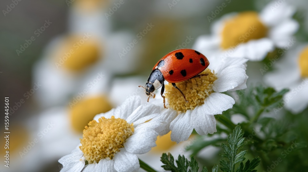 A vibrant ladybug crawls on a white daisy flower, highlighting the contrast between its red shell and the flower's delicate petals. A vibrant ladybug crawls on a white daisy flower, highlighting the contrast between its red shell and the flower's delicate petals.
