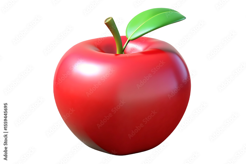 Obraz premium Fresh 3D Red Apple with Green Leaf, Realistic and Glossy