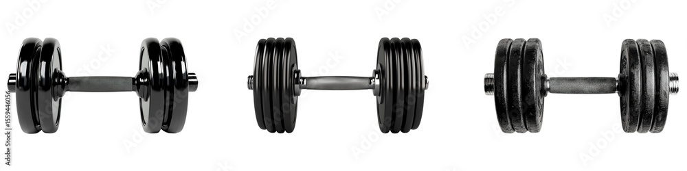 Fototapeta premium Set of black dumbbells isolated on a transparent background, png, cutout