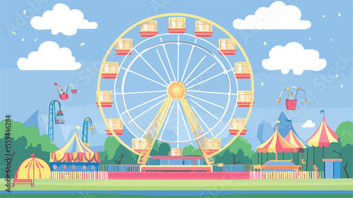 Colorful Amusement Park Ferris Wheel in Carnival Flat Design