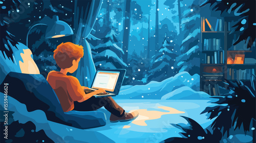 Young Boy Browsing Internet on Laptop Vector Illustration