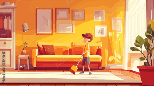 Young Boy Cleaning Living Room - Vector Illustration