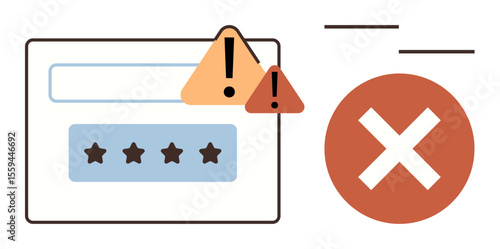 Password entry field with warning triangles and large X, representing login failure, security issues, or access denial. Ideal for security, alert, caution, authorization, cyber risk password safety