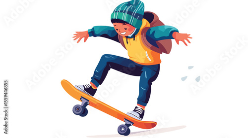 Young Boy Riding Skateboard on White Background