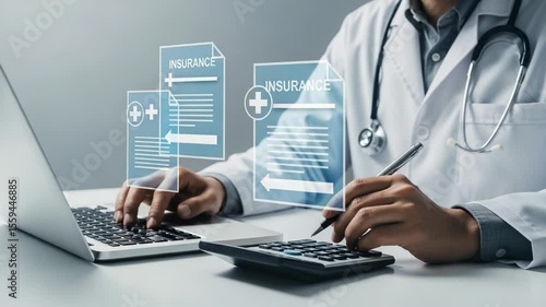 Doctor analyzing insurance documents on a laptop with calculator and pen in a white coat setting