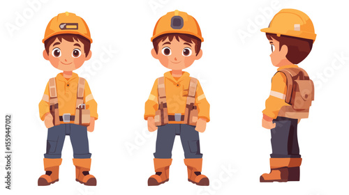 Young Boy Wearing Construction Worker Flat Vector Illustration
