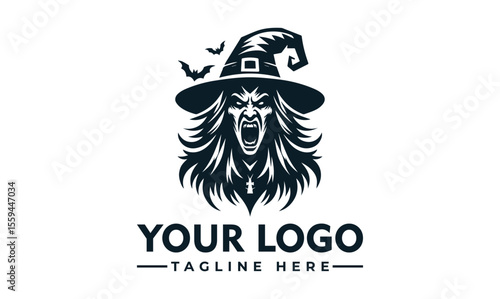 Graphic illustration of a witch wearing a hat, screaming, with bats flying.