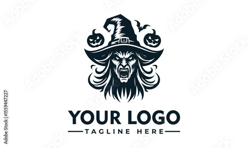 A scary witch with a pointed hat, bats, and a pumpkin, screaming.