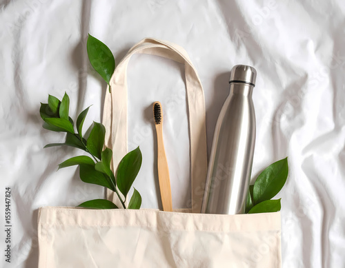 Modern minimal home office desk setup with laptop, coffee cup, notebook, potted plant, neutral beige tones, top-down view, Scandinavian style, no people
