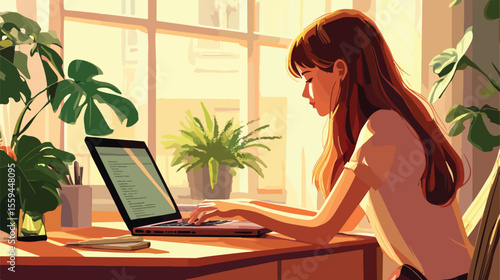 Young woman using laptop at cozy home, browsing internet