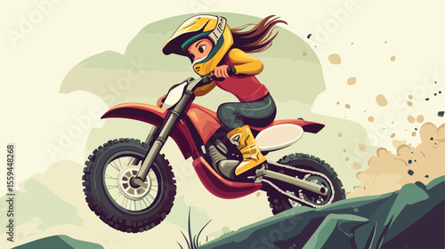 Cartoon Character of a Girl Riding Motocross Bike - Dynamic and Fun Illustration