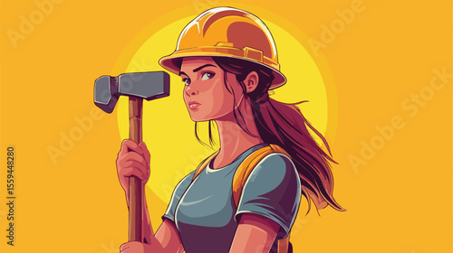 Professional Female Construction Worker Holding Hammer with Helmet in Flat Vector Style