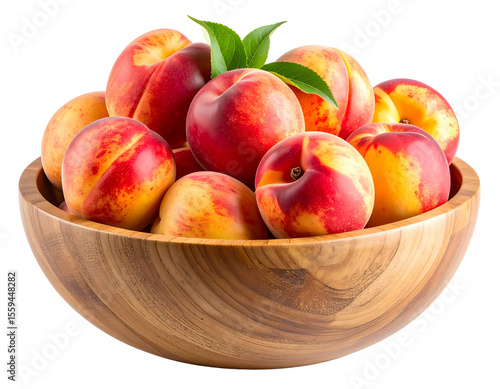  Fresh Nectarines in Rustic Shallow Wooden Bowl, Isolated PNG