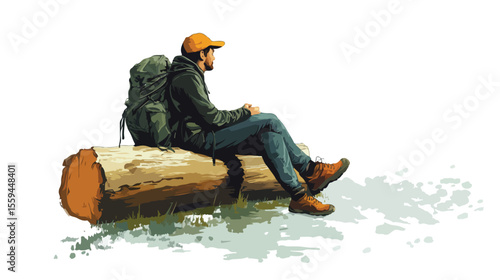 Hiker Resting on Log Outdoors Vector Illustration