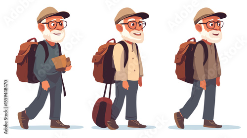 Senior Male Cartoon Character Traveling Flat Design Illustration