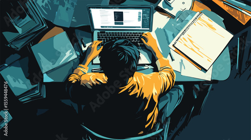 Professional Man Browsing Internet on Laptop Vector Illustration