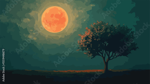 Serene Painting of Tree and Moon in Sky
