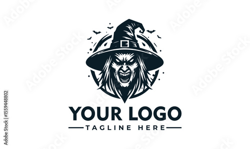 A stylized logo featuring a scary witch with a hat, surrounded by bats.