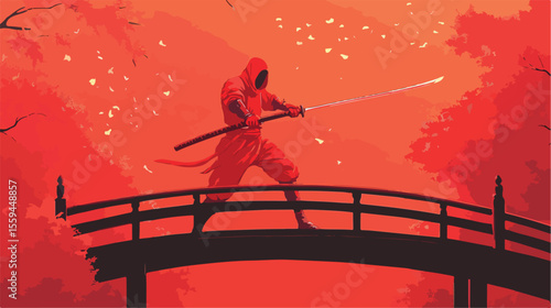 Red Ninja Sword Wooden Bridge
