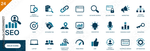 SEO icon. Containing search engine optimization, keywords, backlinks, content marketing, target customers, competitor research. Solid vector icons collection.