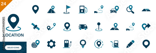 Location icon. Containing pin, map, charging station, gas station, traffic, truck, car, GPS satellite, recent location, location sharing. Solid vector icons set.