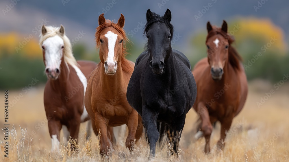 Obraz premium A group of four horses, including a black, a chestnut, and a white-faced horse, gallop through a grassy field with blurred autumn foliage in the background.