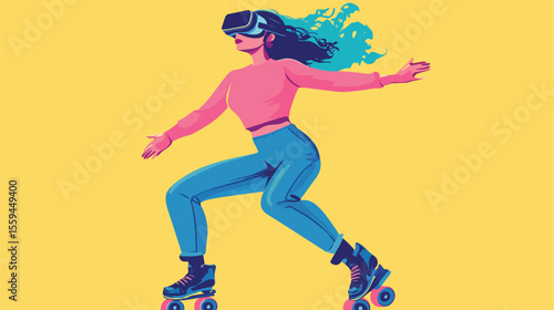 Stylish Woman Roller Skating with Virtual Reality Headset