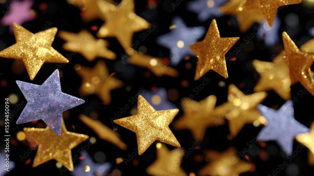 Obraz premium Glittering gold and purple stars float against a dark background, creating a festive and magical atmosphere.