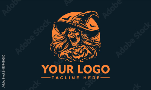 Graphic illustration of a menacing witch face with a hat, roaring with sharp teeth, set against a dark background.