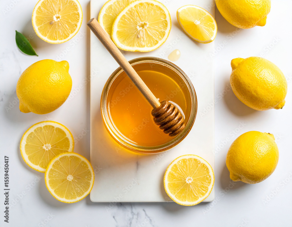 Golden Harmony: A top-down composition artfully arranges fresh lemons, inviting honey and wooden dipper, radiating a sense of natural, sun-kissed flavor, pureness and wholesome goodness. Golden Harmony: A top-down composition artfully arranges fresh lemons, inviting honey and wooden dipper, radiating a sense of natural, sun-kissed flavor, pureness and wholesome goodness.
