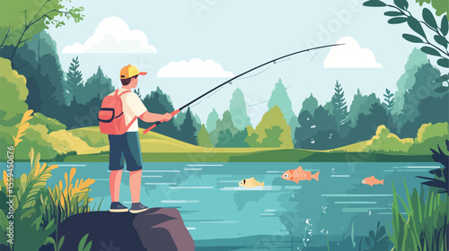 Adult Fishing with Fishes Flat Vector Illustration