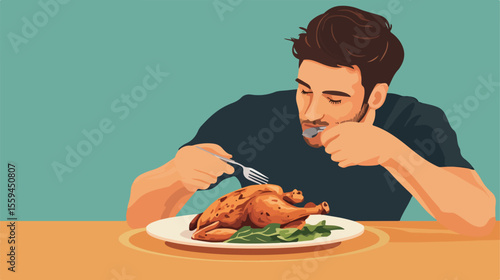 Elegant Adult Man Enjoying Roasted Chicken - Flat Vector Illustration
