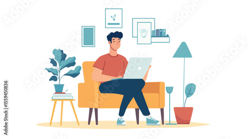 Remote Work Concept with Adult Man Working from Home Flat Vector Illustration