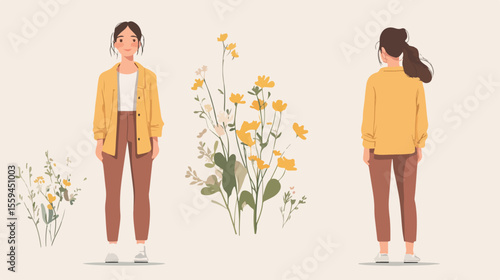 Stylish Adult Woman in Spring Fashion Flat Vector Illustration