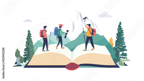 Explore Adventure and Exploration Book with Diverse Group of People - Flat Design