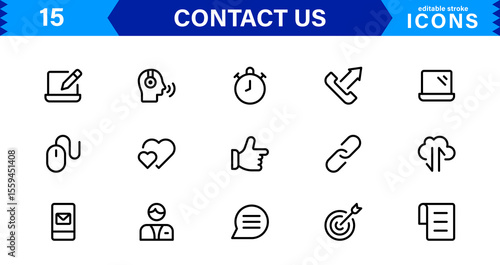 Essential Contact Us Vector Icons for UI UX Design Featuring Email, Phone, Chat, Location, and Customer Service Symbols in Clean Style