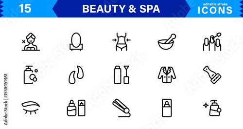 Beauty and Spa Icon Set Representing Wellness, Facial, Skin Care, Relaxation, and Beauty Treatments in a Clean, Professional, Minimalist Vector Design