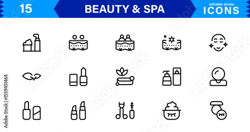 Beauty and Spa Icon Set Representing Wellness, Facial, Skin Care, Relaxation, and Beauty Treatments in a Clean, Professional, Minimalist Vector Design