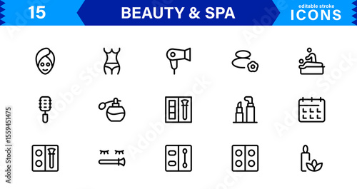 Beauty and Spa Icon Set Representing Wellness, Facial, Skin Care, Relaxation, and Beauty Treatments in a Clean, Professional, Minimalist Vector Design