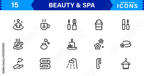 Beauty and Spa Icon Set Representing Wellness, Facial, Skin Care, Relaxation, and Beauty Treatments in a Clean, Professional, Minimalist Vector Design