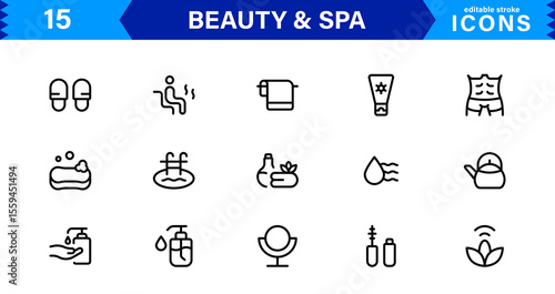 Beauty and Spa Icon Set Representing Wellness, Facial, Skin Care, Relaxation, and Beauty Treatments in a Clean, Professional, Minimalist Vector Design