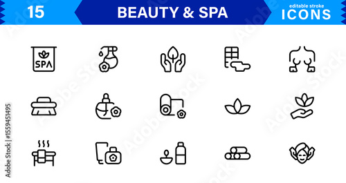 Beauty and Spa Icon Set Representing Wellness, Facial, Skin Care, Relaxation, and Beauty Treatments in a Clean, Professional, Minimalist Vector Design