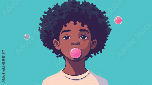 Afro Boy Chewing Gum - Flat Vector Illustration