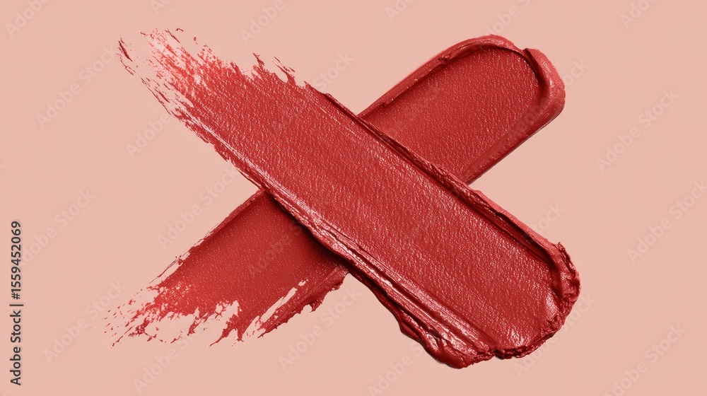 Fototapeta premium Red lipstick swatch in an X shape on a soft pink background, showcasing texture and color.