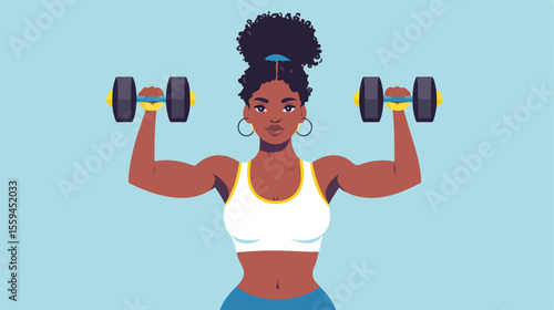 Strong Afro Woman Athlete Lifting Dumbbells Vector Illustration