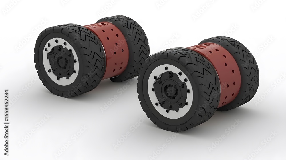 3D Render of Two Powerful Industrial Wheels with Red Hubs 3D Render of Two Powerful Industrial Wheels with Red Hubs